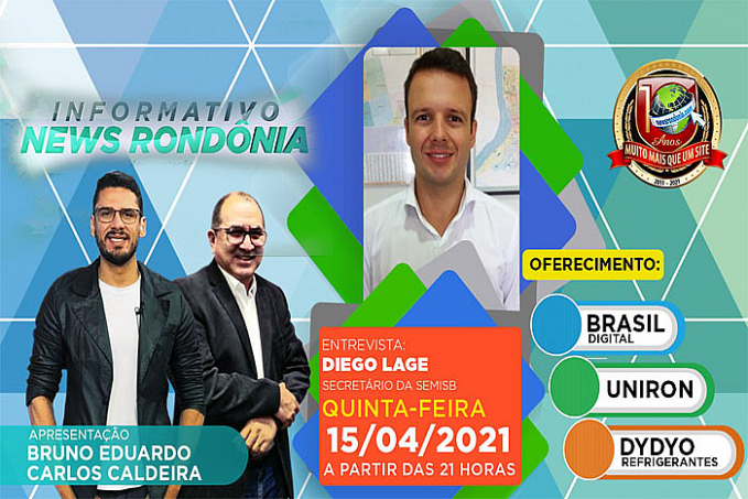 Secretário da SEMISB, Diego Lage, é o convidado do Informativo News Rondônia desta quinta-feira (15) - News Rondônia