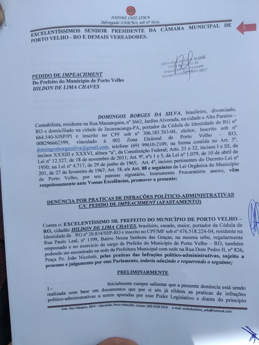 BOMBA - CÂMARA DE VEREADORES ACABA DE RECEBER MAIS UM PEDIDO DE IMPEACHMENT DO PREFEITO HILDON CHAVES - News Rondônia
