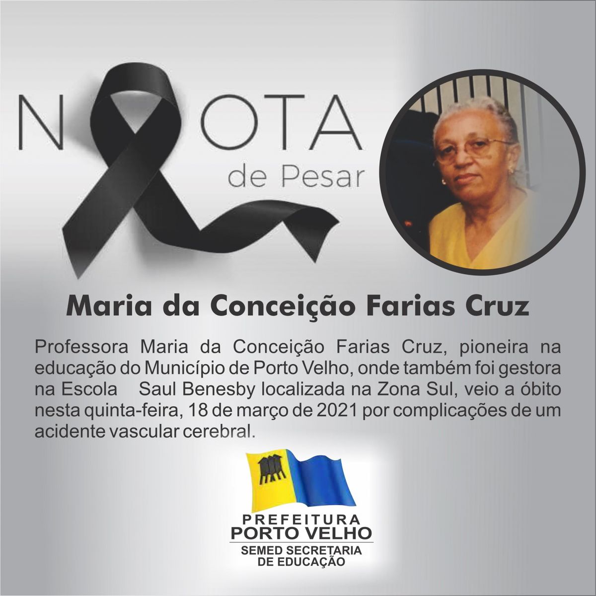 NOTA DE PESAR: pelo falecimento da professora Maria da Conceição Farias Cruz - News Rondônia
