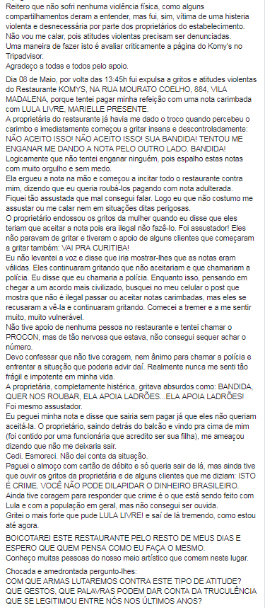 MULHER É HUMILHADA EM RESTAURANTE AO PAGAR A CONTA COM NOTA 'LULA LIVRE' - News Rondônia