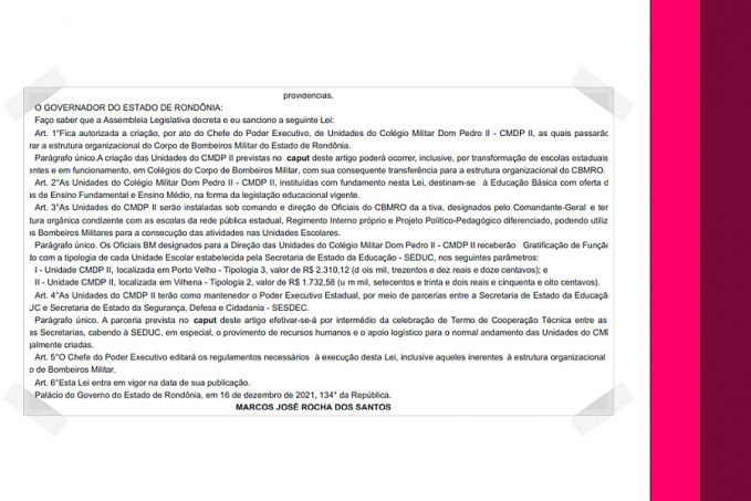 Publicado o decreto que autoriza a criação de Unidades do Colégio Militar Dom Pedro II - News Rondônia