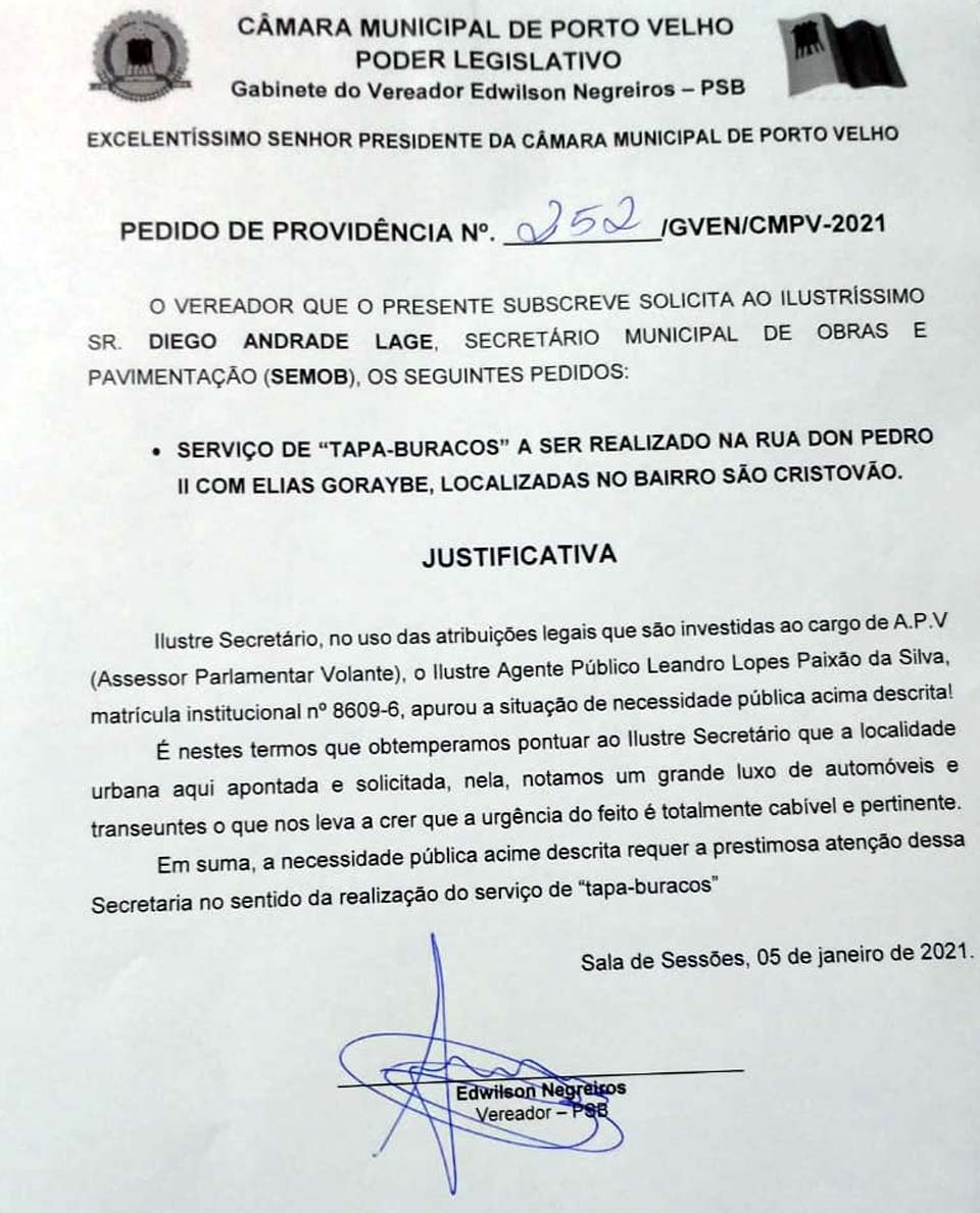 Vereador Edwilson Negreiros obtém providências da Prefeitura de Porto Velho em restauração no Bairro São Cristóvão - News Rondônia