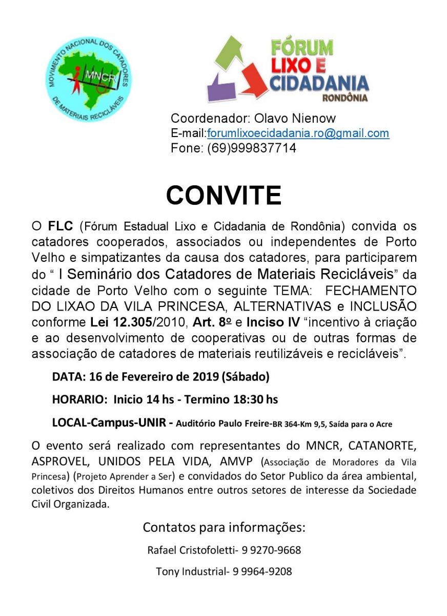 I SEMINÁRIO DE CATADORES DE MATERIAIS RECICLÁVEIS ACONTECE NO SÁBADO, EM PORTO VELHO - News Rondônia