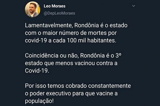 Deputado Federal Léo Moraes cobra do executivo para que vacine a população - News Rondônia