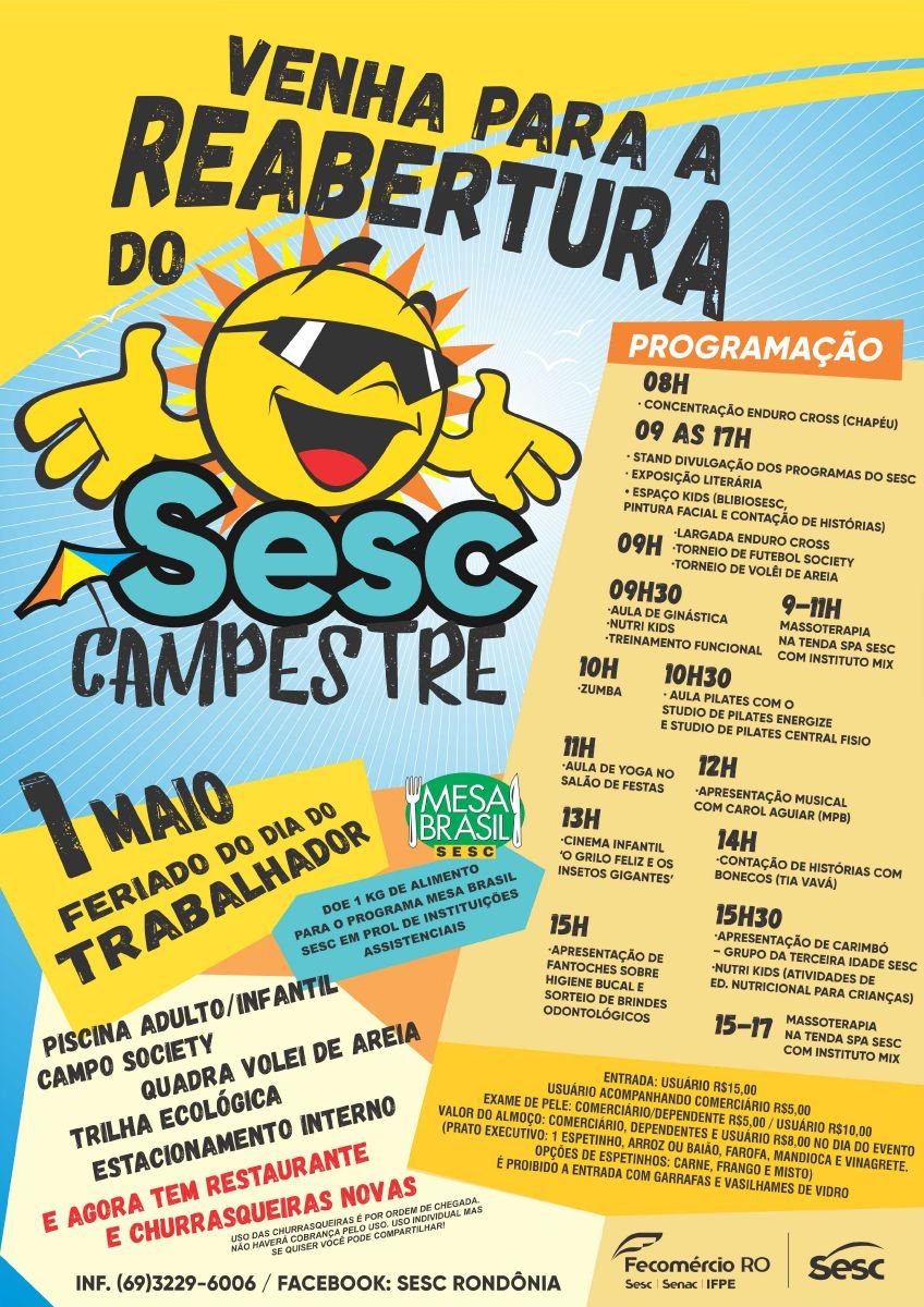 SESC CAMPESTRE RETORNA COM AS ATIVIDADES DIA 1 DE MAIO EM HOMENAGEM AO DIA DO TRABALHADOR - News Rondônia