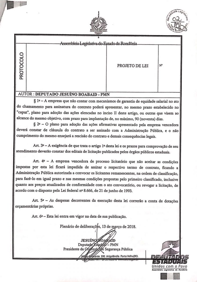 DEPUTADO JESUÍNO APROVA PROJETO DE LEI QUE IGUALA SALÁRIO ENTRE HOMENS E MULHERES - News Rondônia