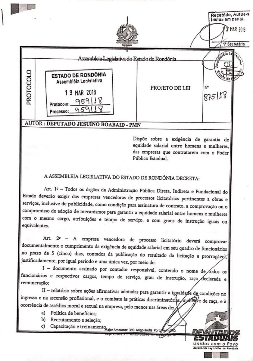 DEPUTADO JESUÍNO APROVA PROJETO DE LEI QUE IGUALA SALÁRIO ENTRE HOMENS E MULHERES - News Rondônia