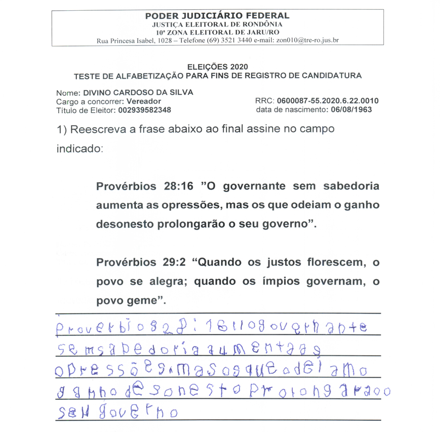 Candidato a vereador de Jaru tem candidatura indeferida pela Justiça por não conseguir assinar o próprio nome - News Rondônia