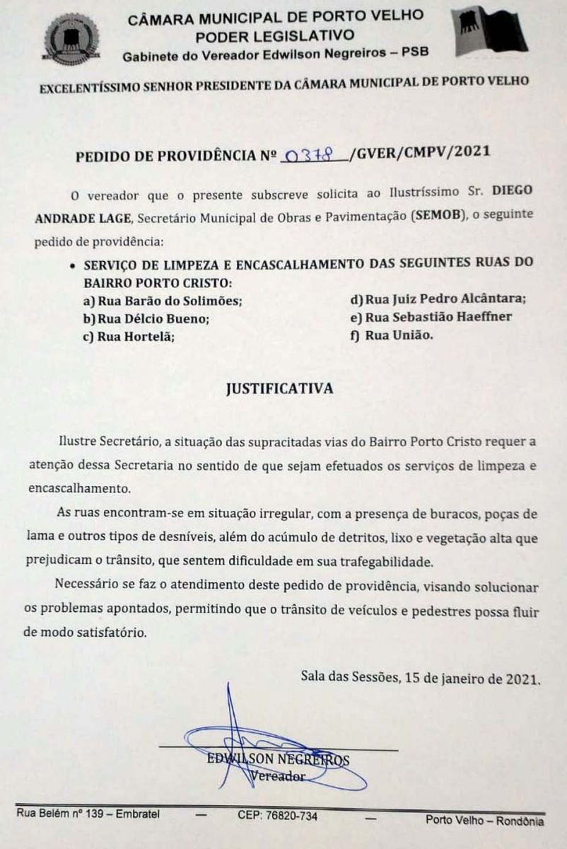 Vereador Edwilson Negreiros faz novas solicitações e Prefeitura de Porto Velho realiza mais obras no Porto Cristo - News Rondônia