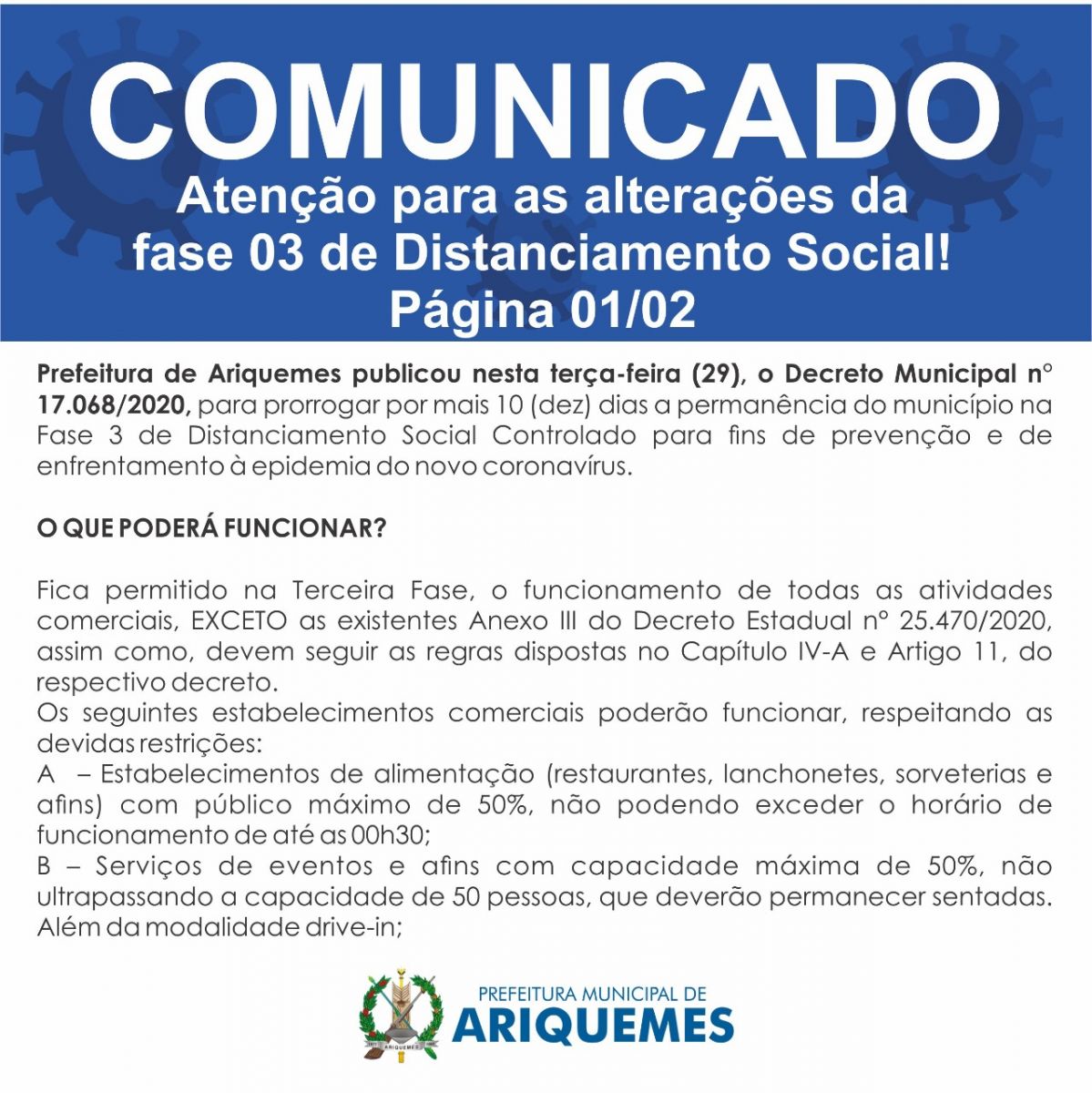 Prefeitura de Ariquemes prorroga permanência na Fase 3 de distanciamento social e abertura do comércio - News Rondônia