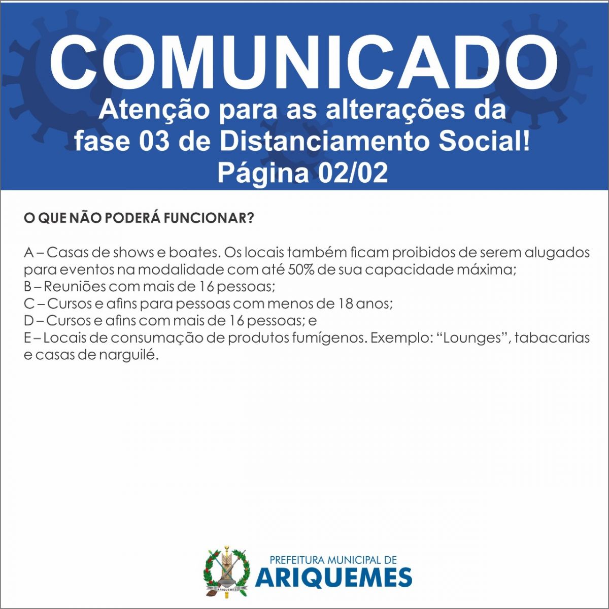 Prefeitura de Ariquemes prorroga permanência na Fase 3 de distanciamento social e abertura do comércio - News Rondônia