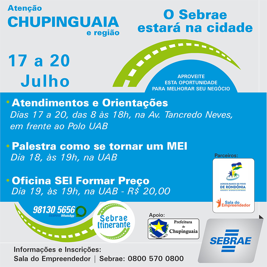 EMPRESÁRIOS DE CHUPINGUAIA RECEBERÃO ORIENTAÇÕES DO SEBRAE COM PALESTRA E OFICINA - News Rondônia