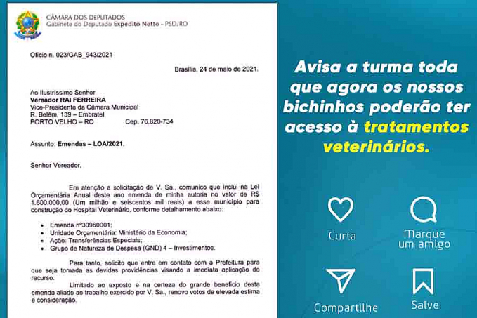 Vereador Raí Ferreira consegue emenda através do deputado federal Expedito Netto para criação de hospital veterinário em Porto Velho - News Rondônia