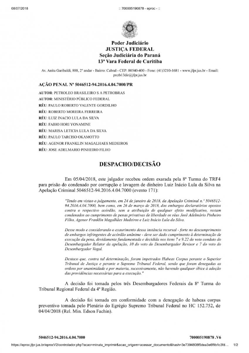 SÉRGIO MORO CONTESTA DECISÃO DO TRF-4 QUE MANDOU SOLTAR LULA - News Rondônia