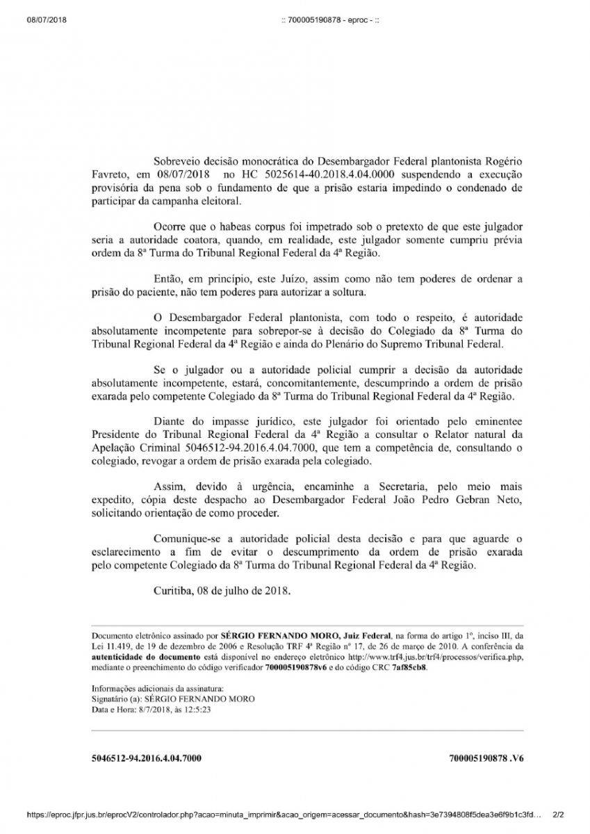 SÉRGIO MORO CONTESTA DECISÃO DO TRF-4 QUE MANDOU SOLTAR LULA - News Rondônia