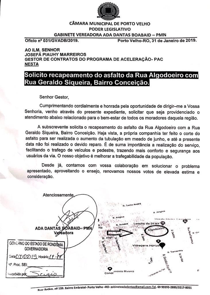 RUA GERALDO SIQUEIRA- VEREADORA ADA DANTAS SOLICITA RECAPEAMENTO PARA CRUZAMENTO NA ZONA SUL - News Rondônia