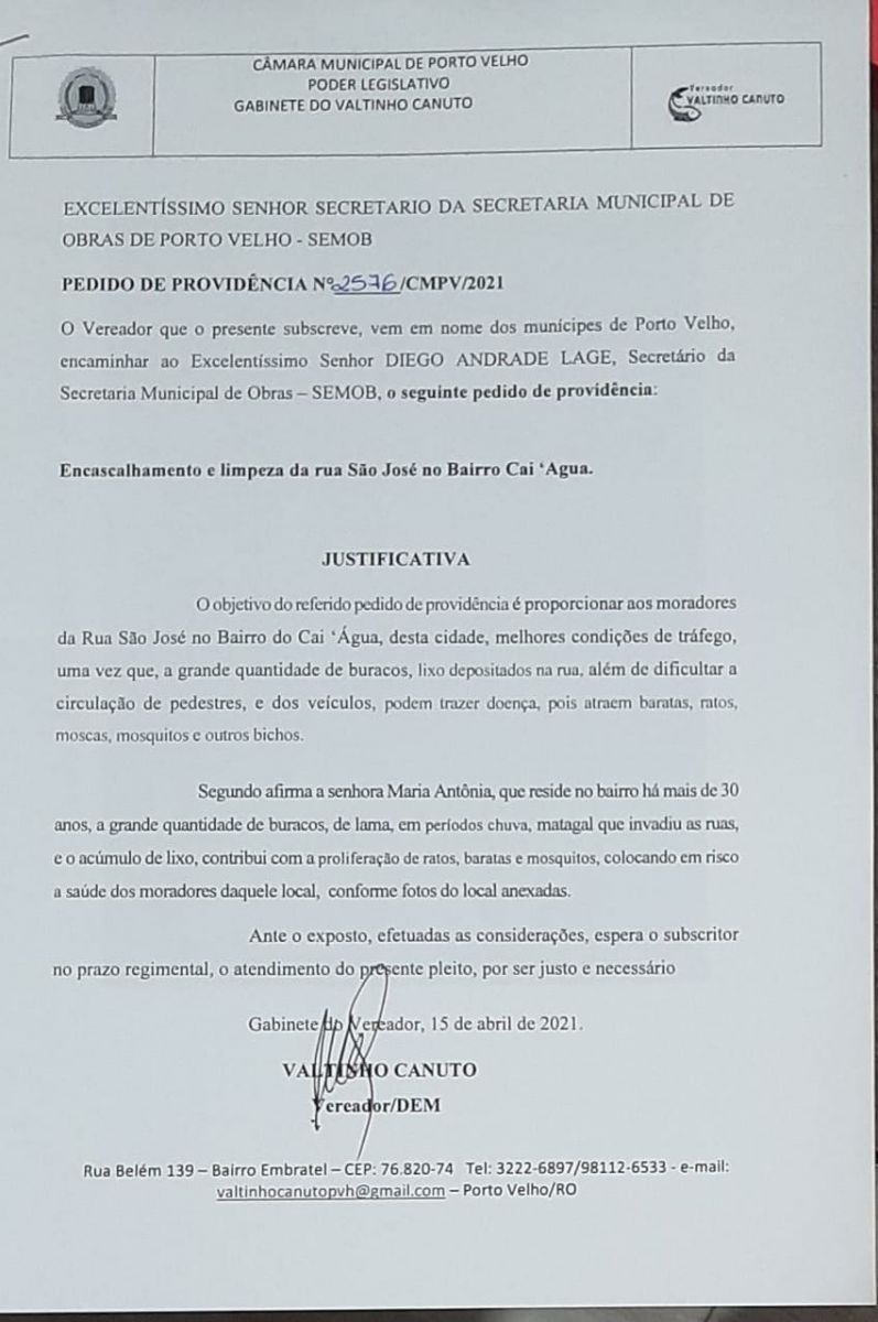Vereador Valtinho Canuto tem pedido de Encascalhamento e limpeza da Rua São José atendido pela SEMOB - News Rondônia