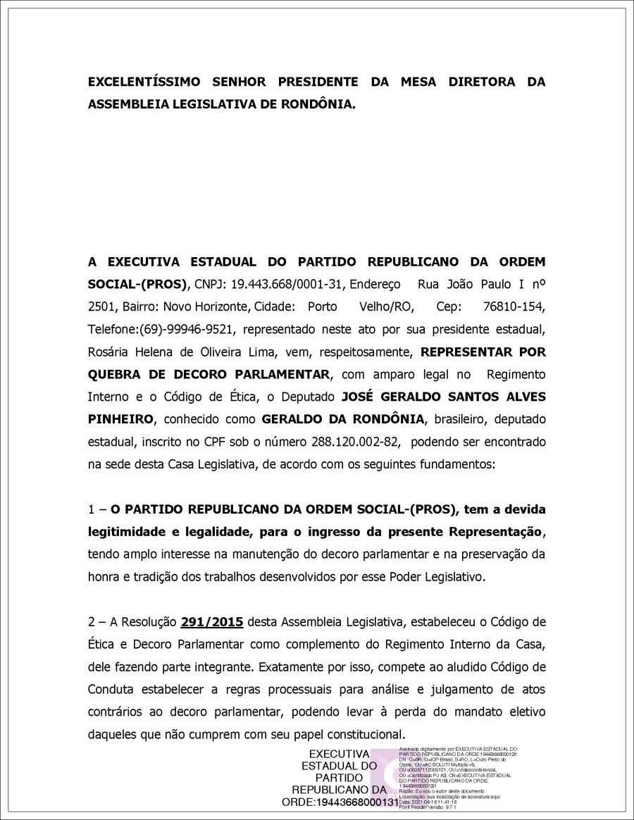 EXCLUSIVO: Conselho de Ética da Assembleia Legislativa recebe duas representações por quebra de decoro em desfavor de Geraldo da Rondônia - News Rondônia