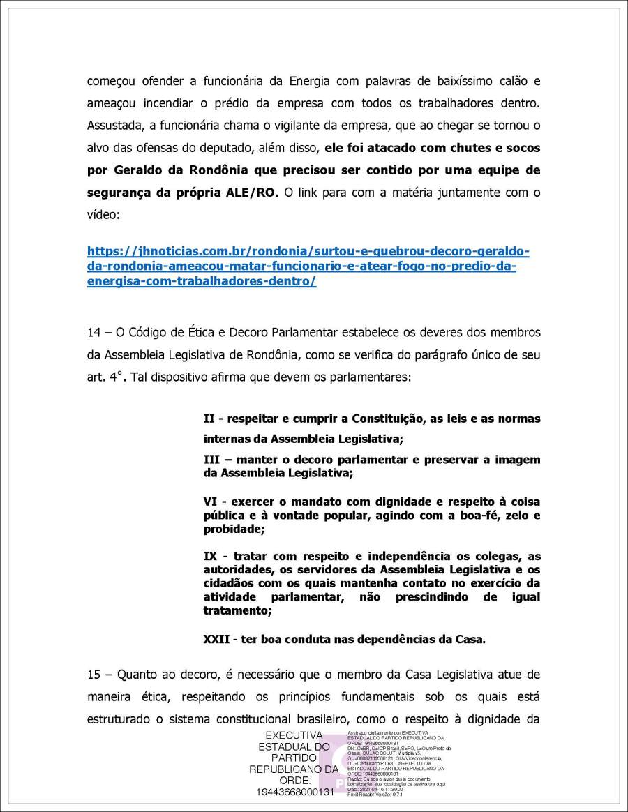 EXCLUSIVO: Conselho de Ética da Assembleia Legislativa recebe duas representações por quebra de decoro em desfavor de Geraldo da Rondônia - News Rondônia