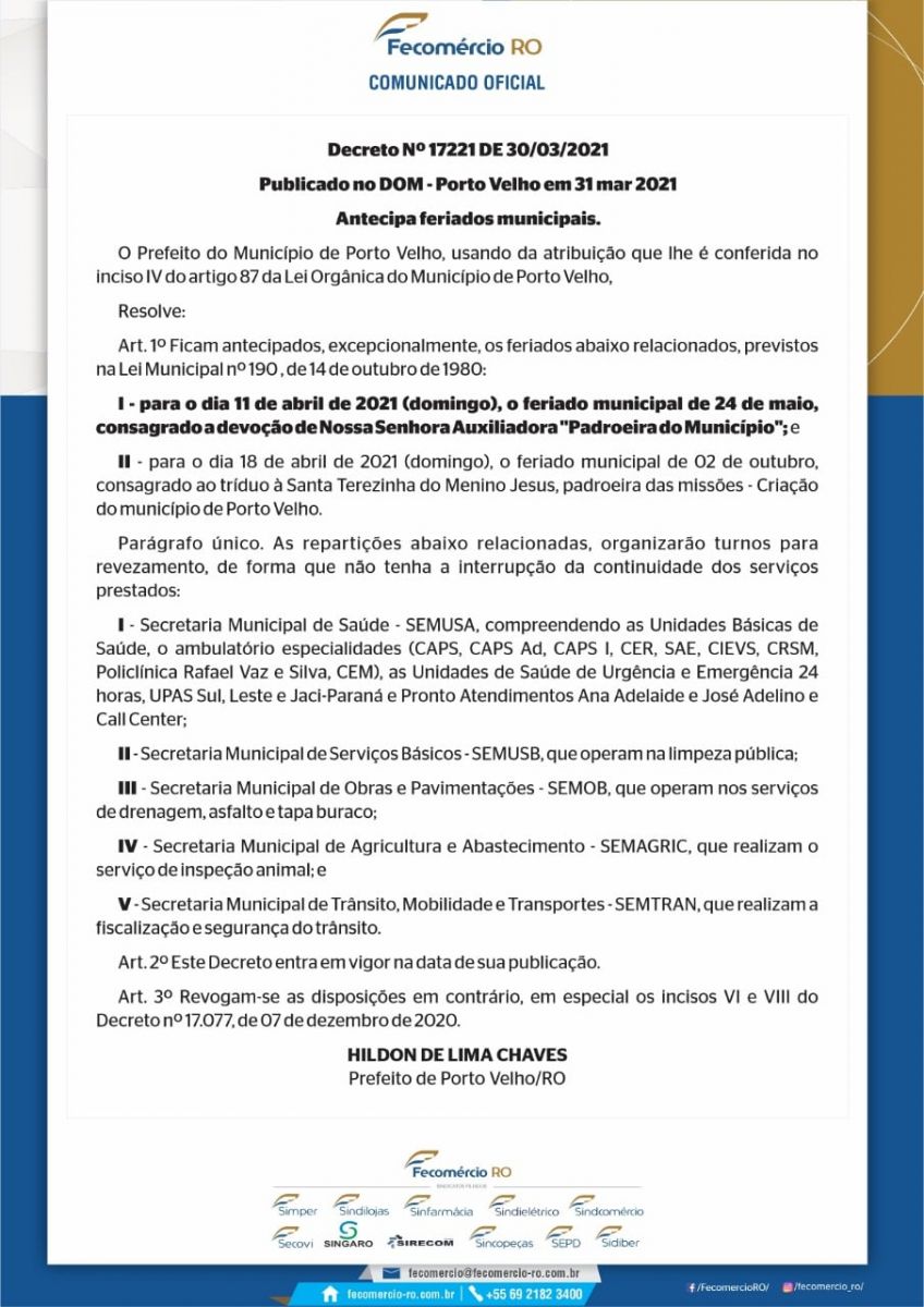 Comércio poderá funcionar normalmente no dia 24 de maio em Porto Velho - News Rondônia