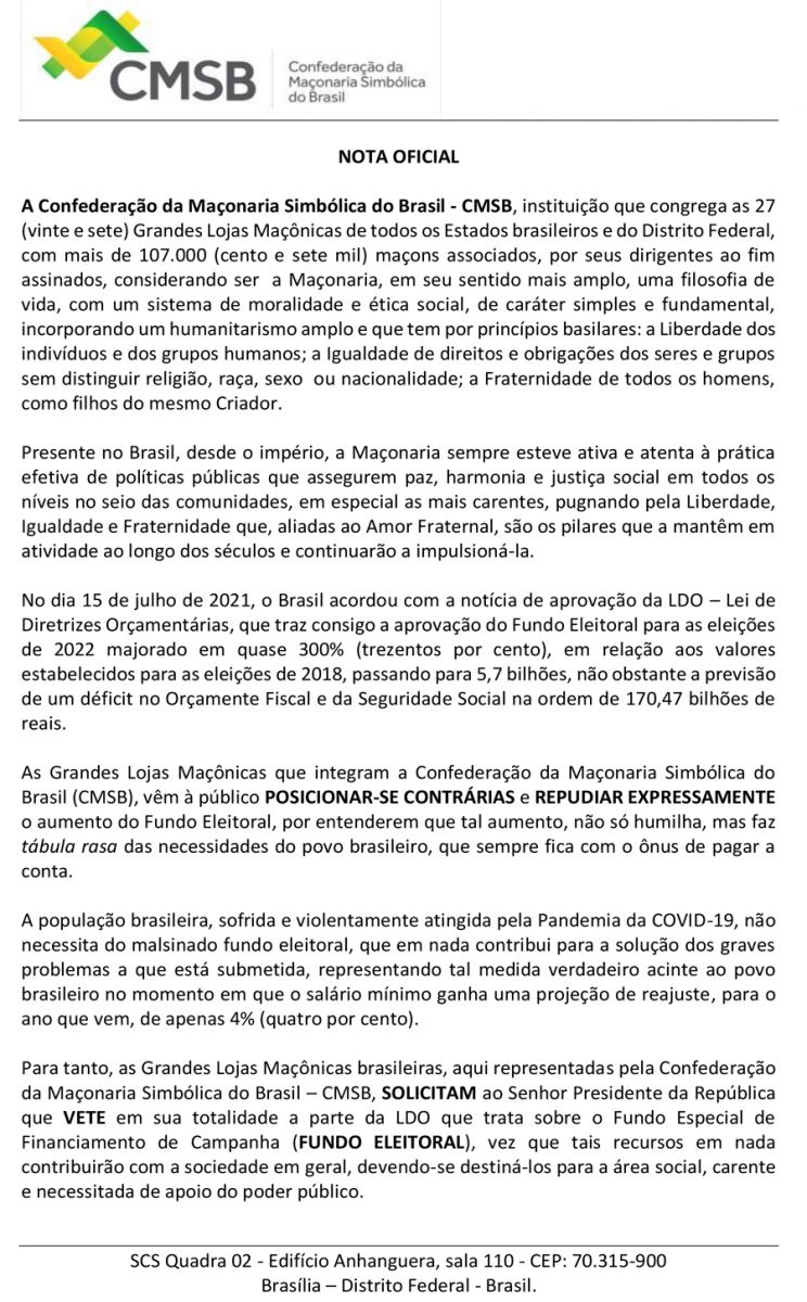 NOTA OFICIAL: CONFEDERAÇÃO DA MAÇONARIA SIMBOLICA DO BRASIL - News Rondônia