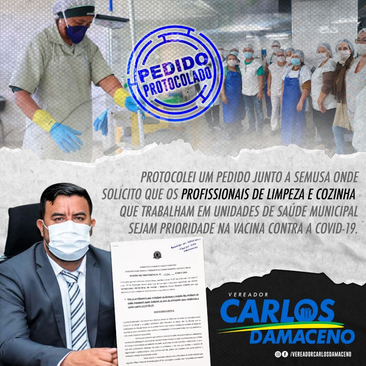 Carlos Damaceno protocola pedido para que os profissionais de limpeza e cozinha das unidades de saúde sejam prioridade na vacina - News Rondônia