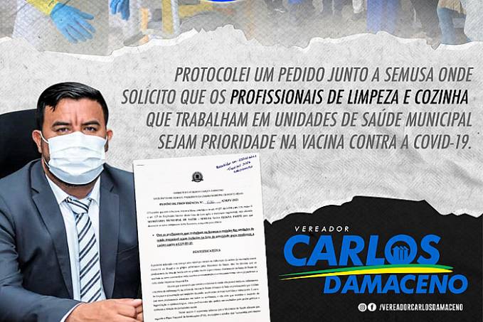 Carlos Damaceno protocola pedido para que os profissionais de limpeza e cozinha das unidades de saúde sejam prioridade na vacina - News Rondônia