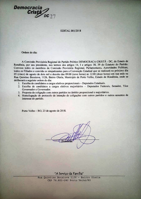 EDITAL DE CONVOCAÇÃO: DEMOCRACIA CRISTÃ - News Rondônia