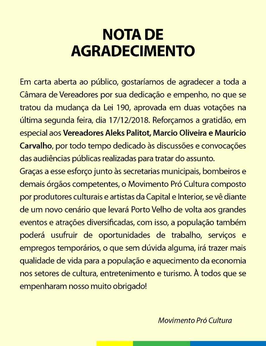 NOTA DE AGRADECIMENTO - MOVIMENTO PRÓ CULTURA - News Rondônia
