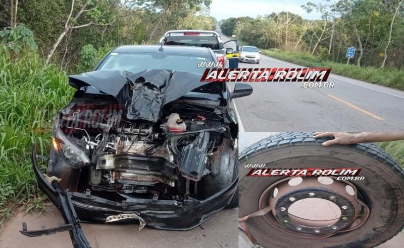 BR-364: PNEU SE SOLTA DE CARRETA E ATINGE FORTEMENTE VEÍCULO QUE ERA OCUPADO POR DOIS POLICIAIS MULITARES - News Rondônia