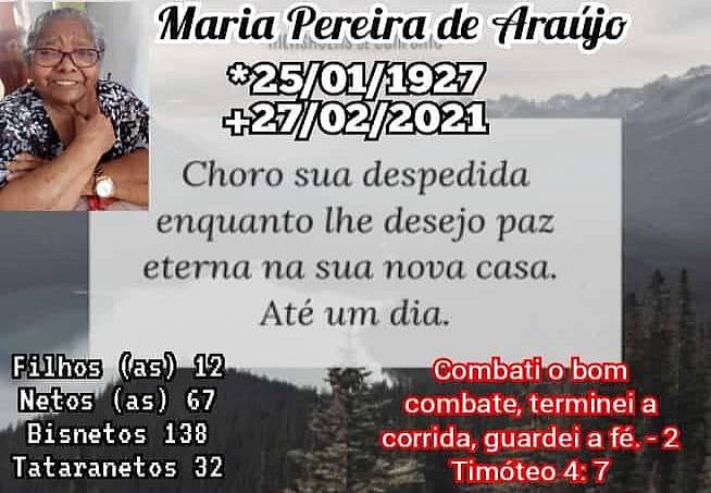 NOTA DE PESAR: do vereador Rai Ferreira pelo falecimento de sua bisavó materna Maria Pereira de Araujo - News Rondônia