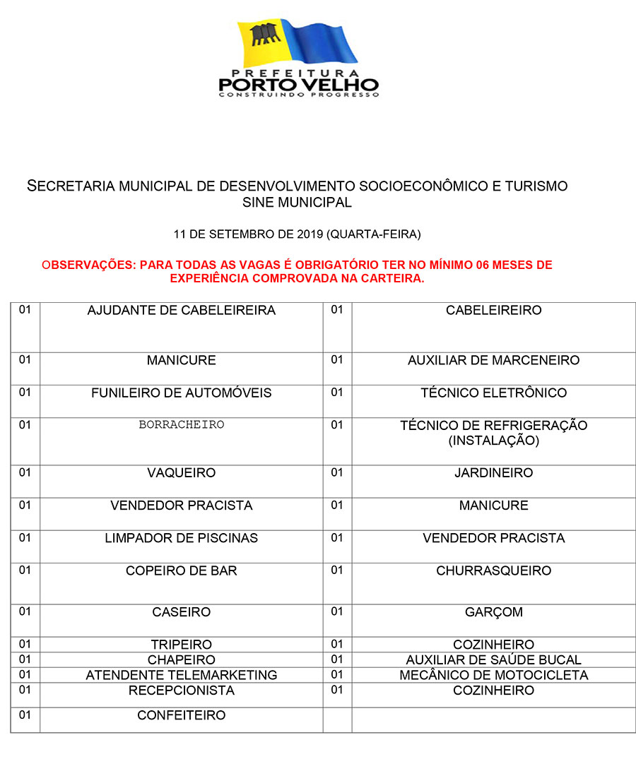 SINE MUNICIPAL DIVULGA VAGAS PARA QUARTA-FEIRA (11) - News Rondônia