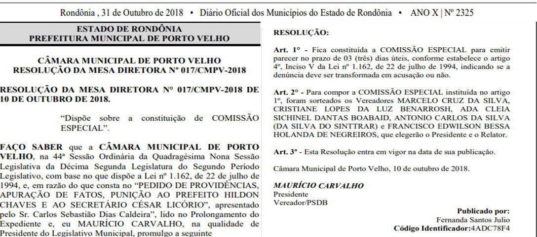 EXCLUSIVO - PUBLICADA RESOLUÇÃO DA MESA DIRETORA DA CÂMARA DE VEREADORES QUE PODE AFASTAR PREFEITO DE PORTO VELHO - News Rondônia