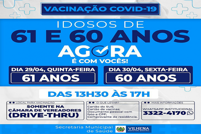 Prefeitura de Vilhena anuncia vacinação de idosos com 61 e 60 anos, após chegada de mais vacinas - News Rondônia