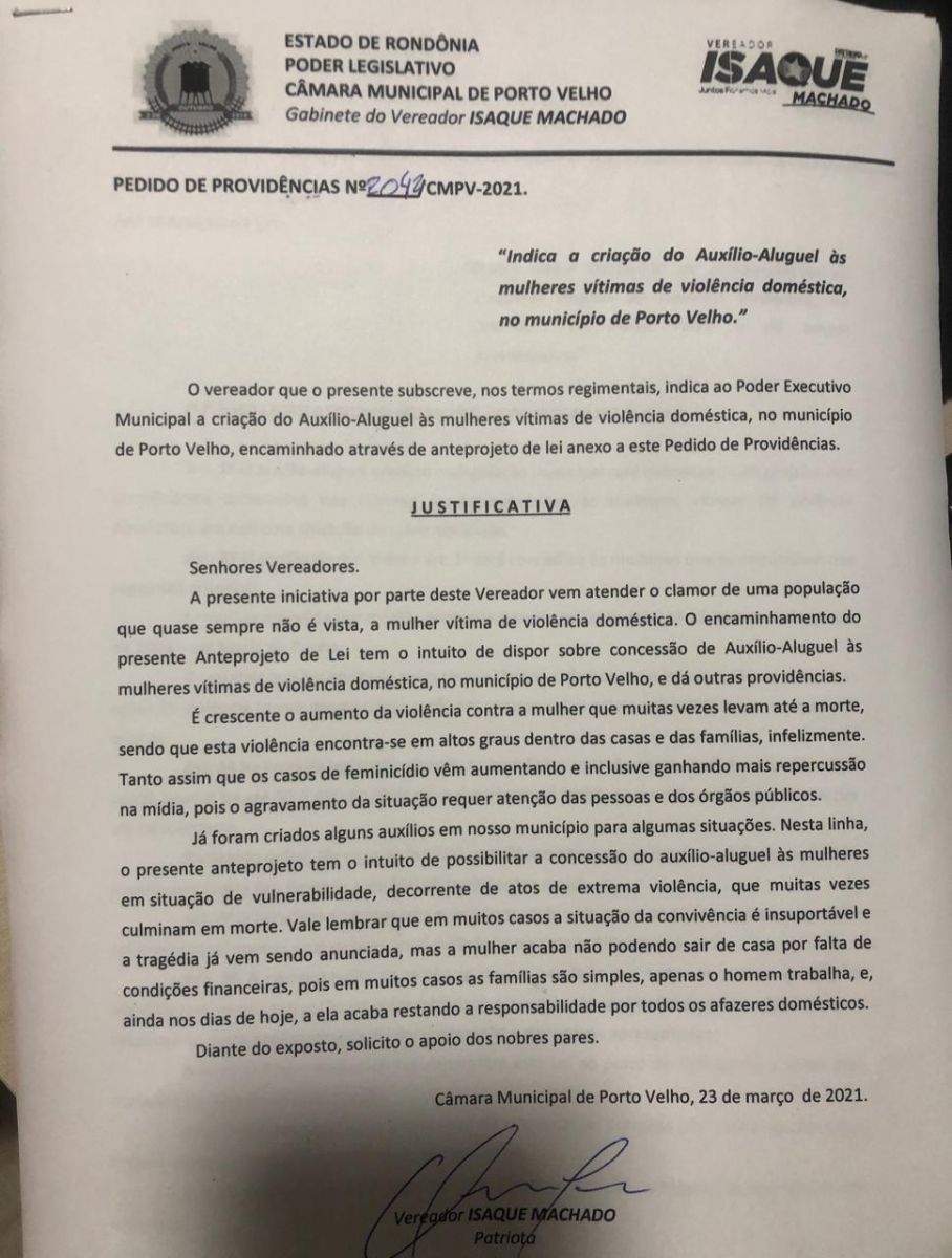 Vereador Isaque Machado faz pedido de providência para criação do Auxílio-Aluguel para mulheres vítimas de violência doméstica - News Rondônia