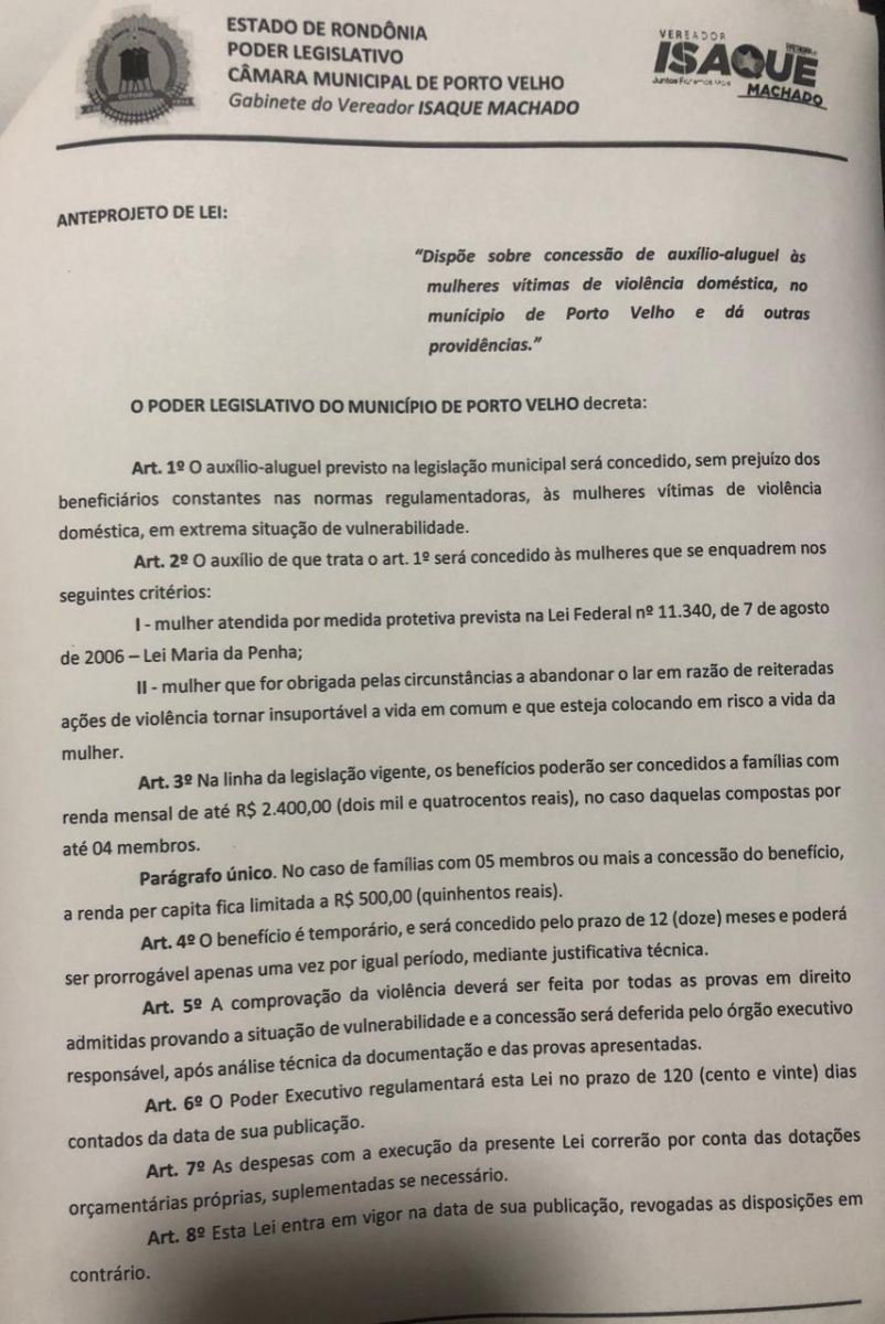 Vereador Isaque Machado faz pedido de providência para criação do Auxílio-Aluguel para mulheres vítimas de violência doméstica - News Rondônia