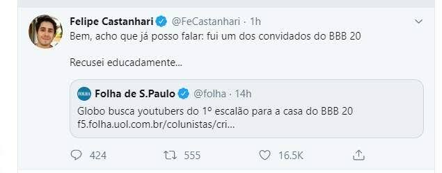 BBB 20: FELIPE CASTANHARI DIZ TER RECUSADO CONVITE PARA PARTICIPAR DO BBB - News Rondônia