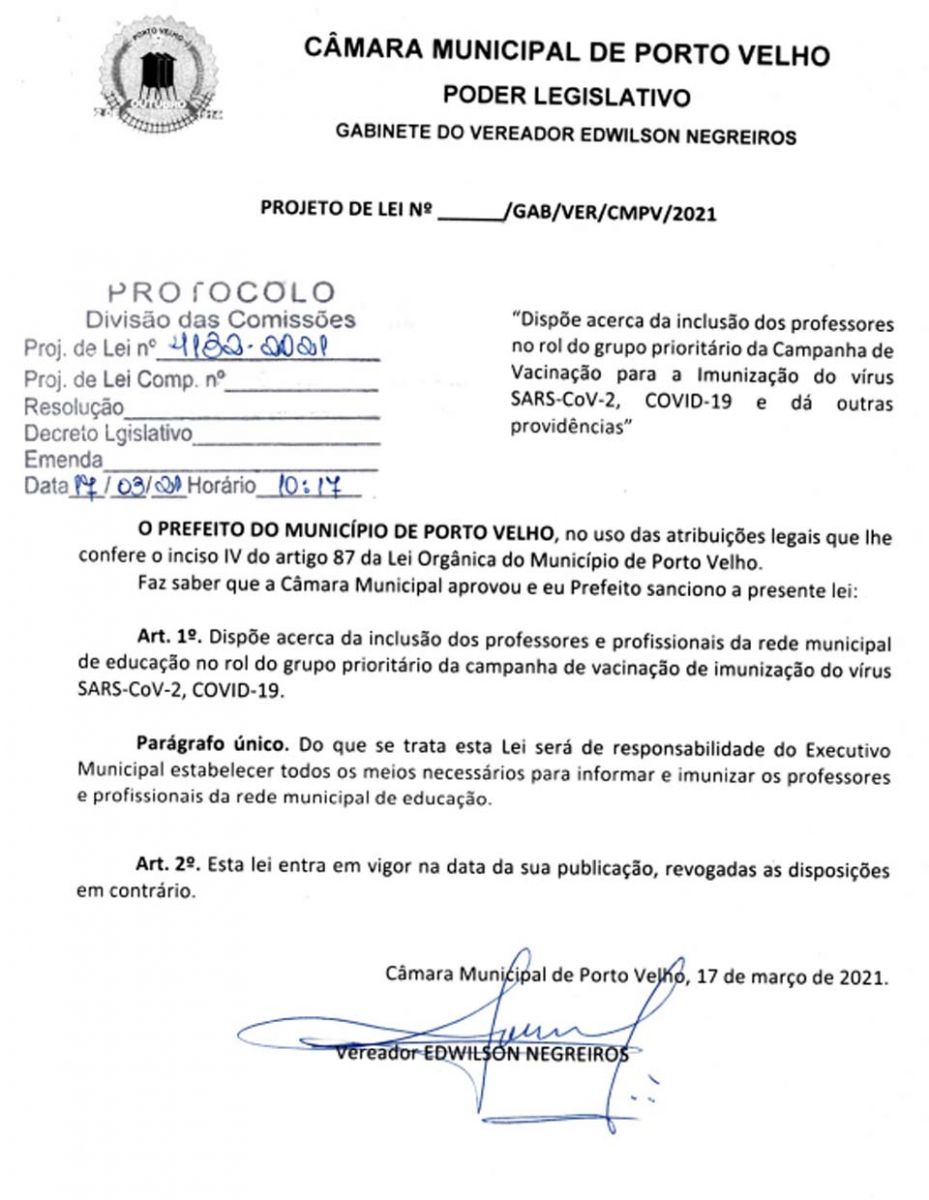 Câmara aprova Projeto de Lei de Edwilson Negreiros e professores entram no rol de prioridade da vacinação contra a COVID-19 - News Rondônia