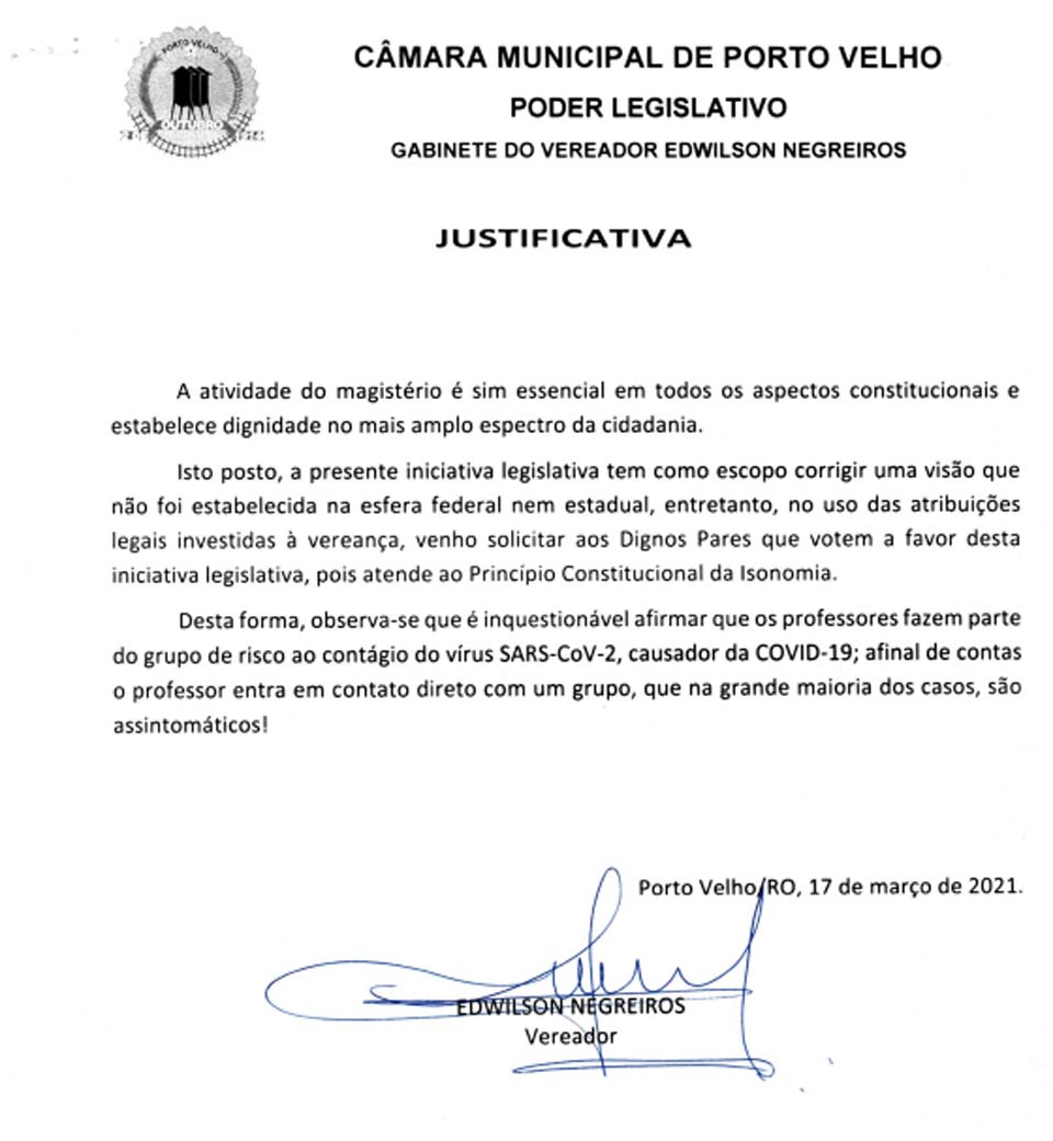 Câmara aprova Projeto de Lei de Edwilson Negreiros e professores entram no rol de prioridade da vacinação contra a COVID-19 - News Rondônia