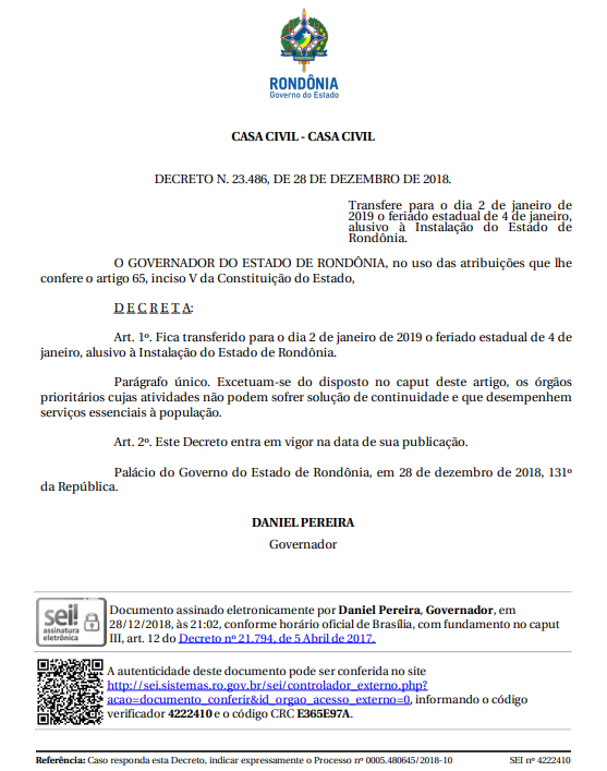 02 DE JANEIRO FERIADO ESTADUAL; GOVERNO PUBLICA DECRETO - News Rondônia