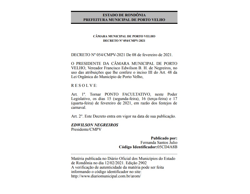 Presidente da Câmara, Edwilson Negreiros, decreta ponto facultativo nos dias 15,16 e 17 de Fevereiro - News Rondônia
