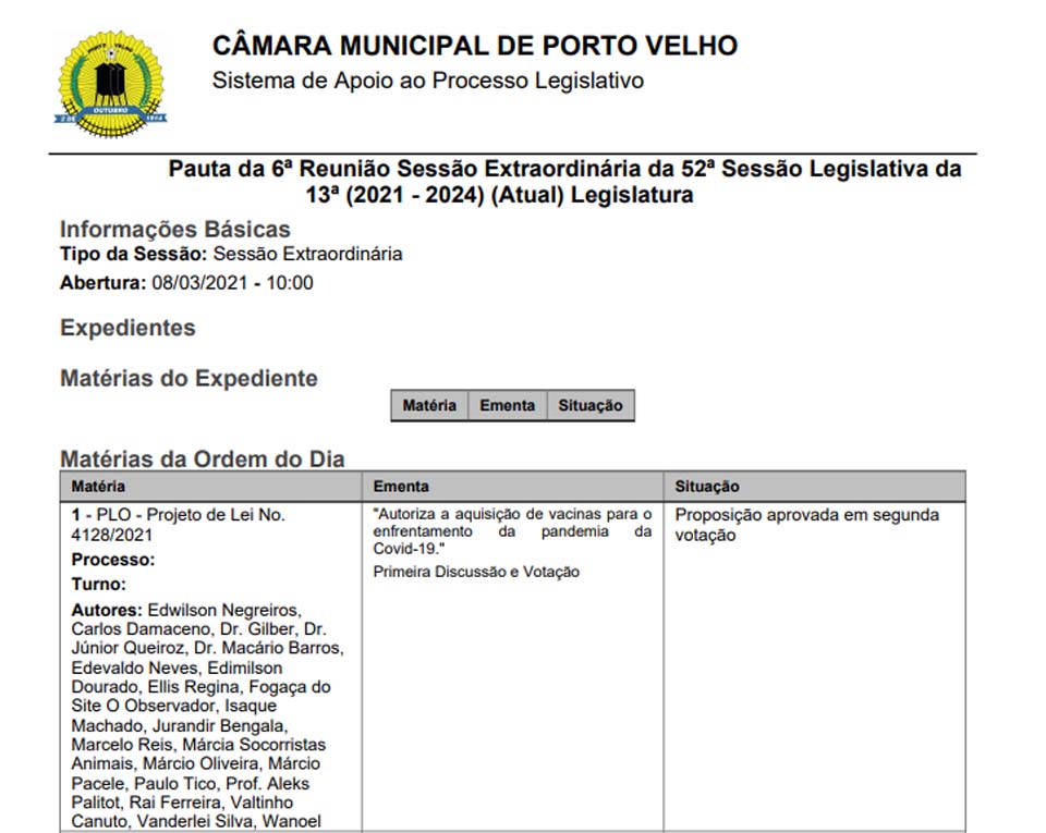 Câmara de Porto Velho aprova lei que autoriza prefeito a comprar vacinas para combater o Coronavírus - News Rondônia