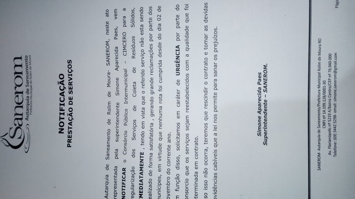 MUNICÍPIO NOTIFICA CONSÓRCIO SOBRE A COLETA DE LIXO EM ROLIM - News Rondônia