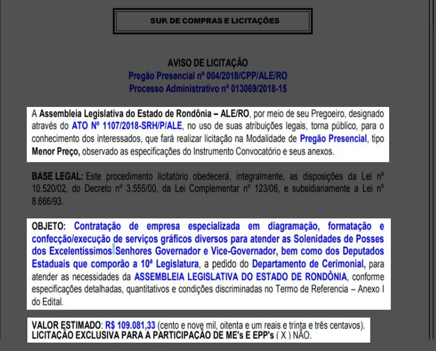 ALE-RO ABRE LICITAÇÃO DE ATÉ R$ 109 MIL REAIS EM SERVIÇOS GRÁFICOS PARA POSSE DE MARCOS ROCHA E DOS 24 DEPUTADOS - News Rondônia