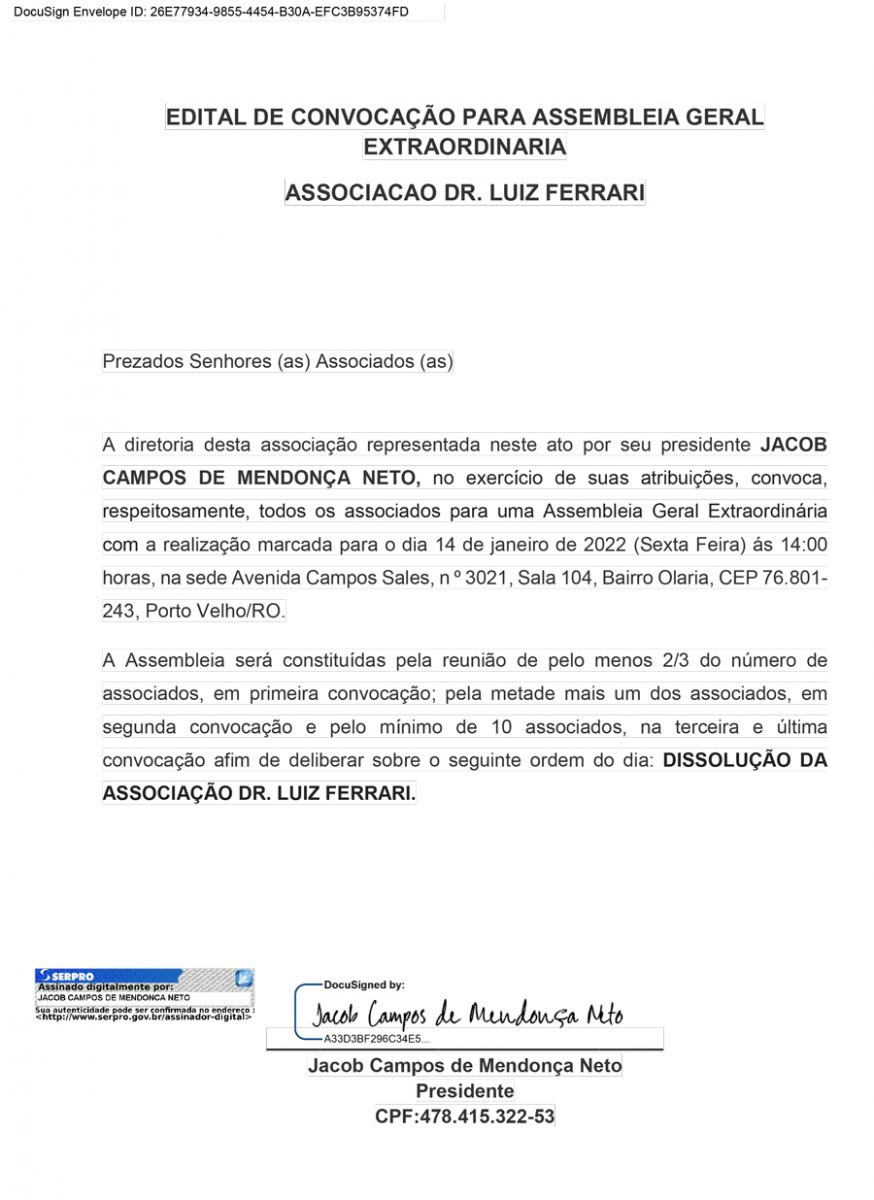Edital de convocação para Assembleia Geral Extraordinária: ASSOCIACAO DR. LUIZ FERRARI - News Rondônia