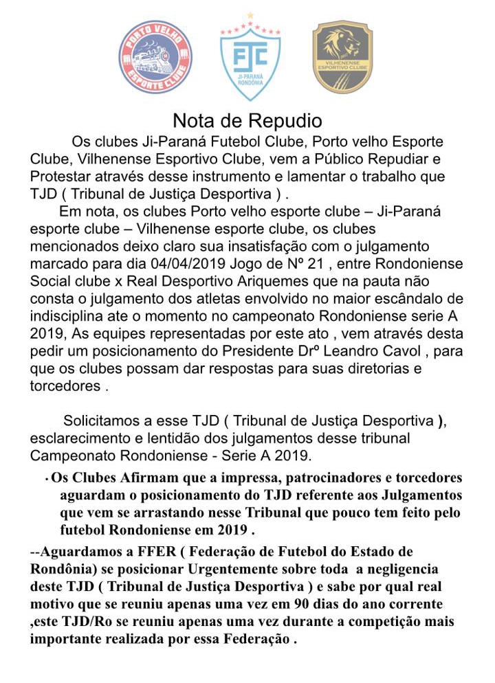 TRÊS CLUBES ENVOLVIDOS NAS SEMIFINAIS DO CAMPEONATO RONDONIENSE ENVIAM NOTA DE REPÚDIO À FEDERAÇÃO - News Rondônia