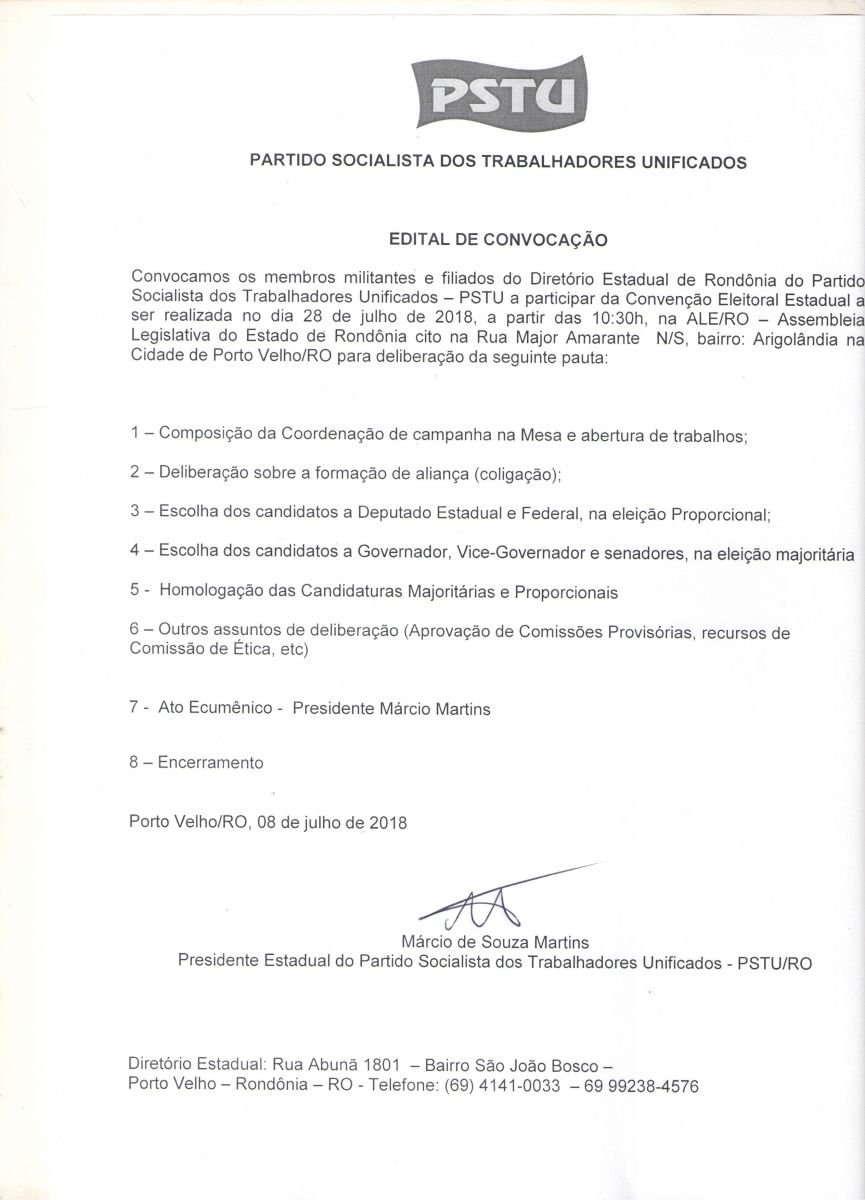 PSTU RONDÔNIA REALIZA CONVENÇÃO ESTADUAL NESTE SÁBADO NA ALE/RO PARA HOMOLOGAR CANDIDATURAS AO PLEITO ELEITORAL 2018 - News Rondônia