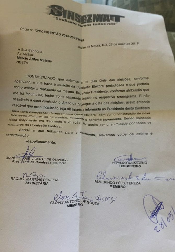 COMISSÃO ELEITORAL DO SINSEZMAT RENUNCIA PROVOCANDO O CANCELAMENTO DA ELEIÇÃO E NECESSIDADE DE DIRETORIA PROVISÓRIA - News Rondônia