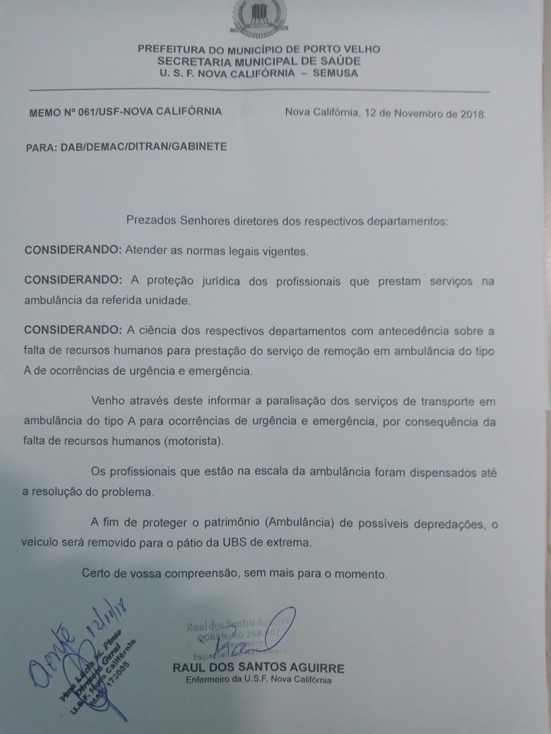 DESCASO: POR POUCO NOVA CALIFÓRNIA FICARIA NOVAMENTE SEM AMBULÂNCIA POR FALTA DE MOTORISTA - News Rondônia