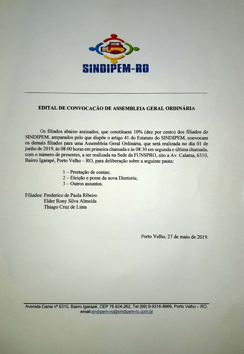 SINDIPEM: EDITAL DE CONVOCAÇÃO DE ASSEMBLEIA GERAL ORDINÁRIA - News Rondônia